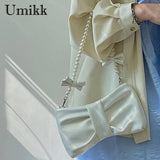 Pleated Leather Totes Bag with Pearl Bow - Women's Handbag