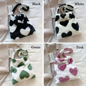 Plush Shoulder Bag Sweet Handbag Love Heart Print Furry Purse Tote Bag