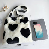 Plush Shoulder Bag Sweet Handbag Love Heart Print Furry Purse Tote Bag