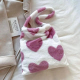 Plush Shoulder Bag Sweet Handbag Love Heart Print Furry Purse Tote Bag