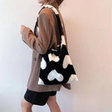 Plush Shoulder Bag Sweet Handbag Love Heart Print Furry Purse Tote Bag