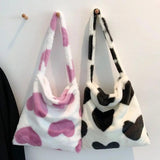 Plush Shoulder Bag Sweet Handbag Love Heart Print Furry Purse Tote Bag