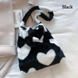 Plush Shoulder Bag Sweet Handbag Love Heart Print Furry Purse Tote Bag