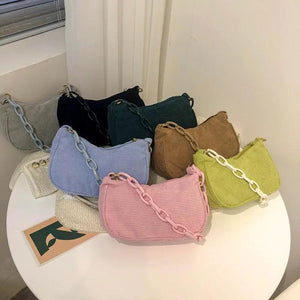 Retro Corduroy Solid Shoulder Underarm Bag Chain Small Handbags