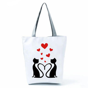 Love Cats Print Tote Bag High Capacity Shoulder Bag