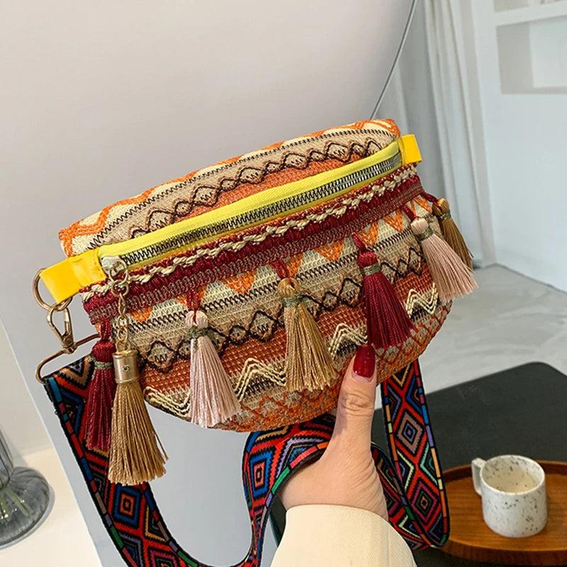 Ethnic Style Tassel Chest Bag Women Braided Shoulder Ladies Crossbody Bag