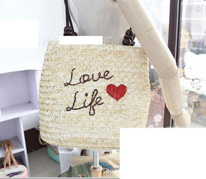 Woven Straw Shoulder Bag Handbag Beach Love Life A2894