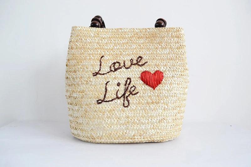 Woven Straw Shoulder Bag Handbag Beach Love Life A2894