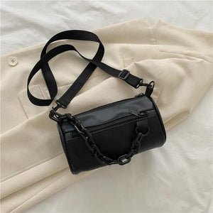 Summer Chains Cylinder Shoulder Bag PU Leather Crossbody Messenger Handbag Purse