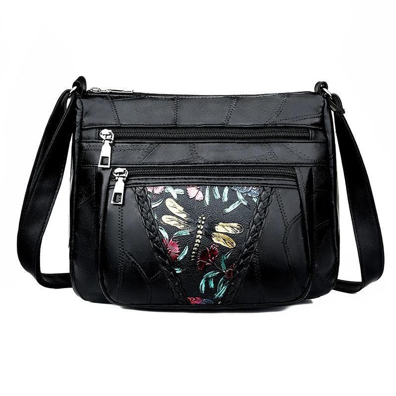 Soft Leather Women Messenger Shoulder Handbags And Purses Flowers Multi-pocket C