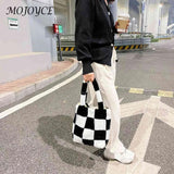 Plush Grid Print Shoulder Bag Casual Hit Tote Handbags