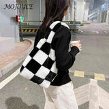 Plush Grid Print Shoulder Bag Casual Hit Tote Handbags