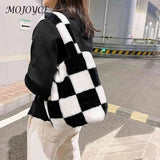 Plush Grid Print Shoulder Bag Casual Hit Tote Handbags