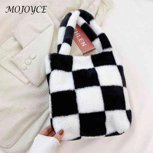Plush Grid Print Shoulder Bag Casual Hit Tote Handbags