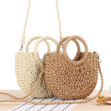Half-Round Rattan Woven Straw Bag Women Messenger Crossbody Beach Handbag
