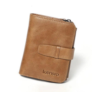Trifold Men Wallet Zip Coin Pocket Cowhide Leather