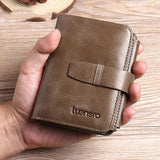Trifold Men Wallet Zip Coin Pocket Cowhide Leather