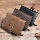 Trifold Men Wallet Zip Coin Pocket Cowhide Leather