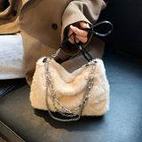Plush Top-handle Bag Soft Fluffy Purse with Multi-layer Chains for Travel