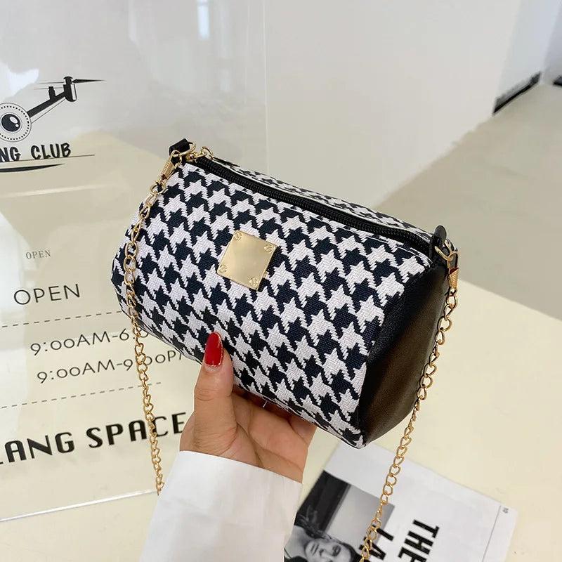 Women's Small Round Chain Shoulder Bag Thousand Bird Lattice Handbag