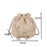 Women Straw Beach Bags Drawstring Flower Embroidery Crossbody Handbags