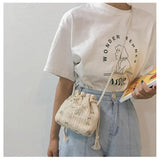 Women Straw Beach Bags Drawstring Flower Embroidery Crossbody Handbags