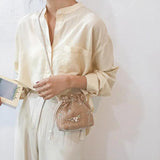 Women Straw Beach Bags Drawstring Flower Embroidery Crossbody Handbags