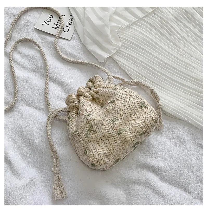 Women Straw Beach Bags Drawstring Flower Embroidery Crossbody Handbags
