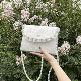 Vintage Lace Pearl Chain Crossbody Bag for Women Small Square Shoulder Purse