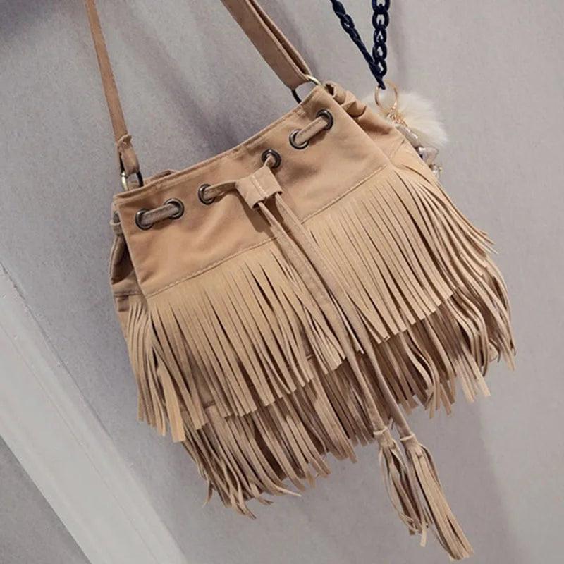 Women Shoulder Bag Solid Tassels Cross Body Bag Tassel Fringe Handbag