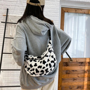 Retro Cow Printed Shoulder Bag Casual Plush Shopper Saddle Bag Female Handbag