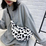 Retro Cow Printed Shoulder Bag Casual Plush Shopper Saddle Bag Female Handbag