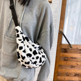 Retro Cow Printed Shoulder Bag Casual Plush Shopper Saddle Bag Female Handbag
