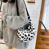 Retro Cow Printed Shoulder Bag Casual Plush Shopper Saddle Bag Female Handbag