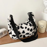 Retro Cow Printed Shoulder Bag Casual Plush Shopper Saddle Bag Female Handbag