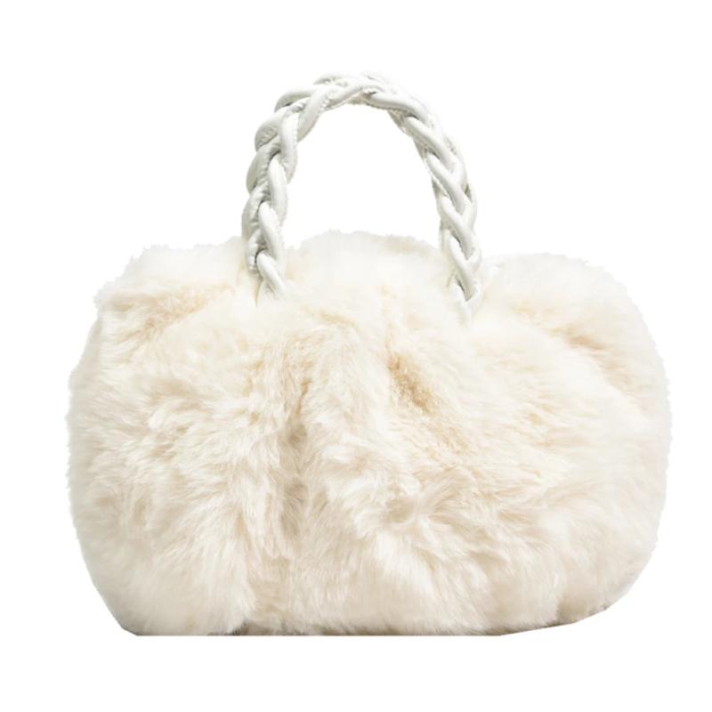 Fluffy Shoulder Bag for Women, Woven Handle Crossbody Handbag