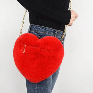 Heart Shaped Faux Fur Crossbody Wallet Purse Chain Shoulder Bag