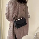 Retro Rhombic Solid Crossbody Bag for Women Pearl Chain Messenger Bags