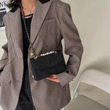 Retro Rhombic Solid Crossbody Bag for Women Pearl Chain Messenger Bags