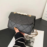 Retro Rhombic Solid Crossbody Bag for Women Pearl Chain Messenger Bags