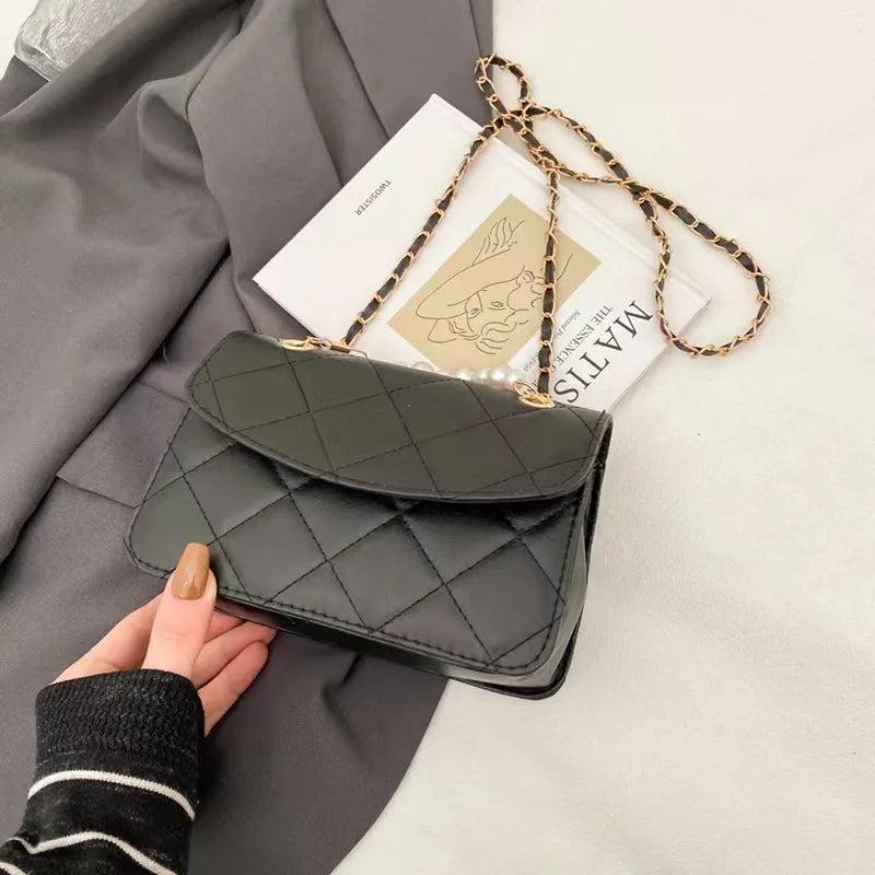 Retro Rhombic Solid Crossbody Bag for Women Pearl Chain Messenger Bags