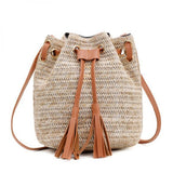 Vintage Small Rattan Bucket Bag Tassel Drawstring Shoulder Bag