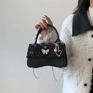 Pearl Chain Small Square Shoulder Bag Retro Butterfly Messenger Bags
