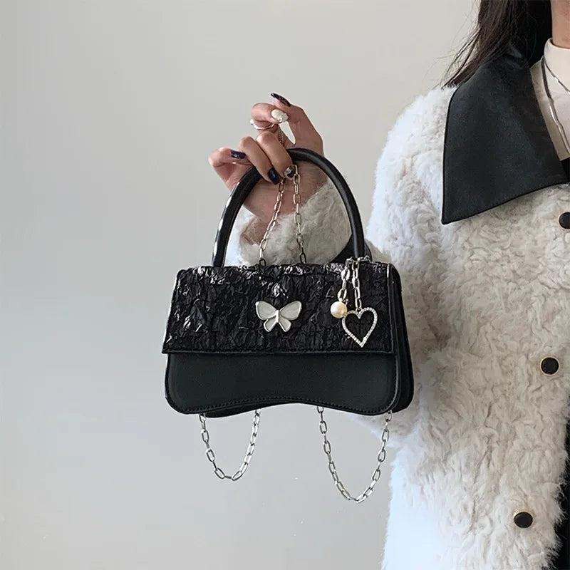 Pearl Chain Small Square Shoulder Bag Retro Butterfly Messenger Bags