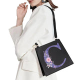 Purple Flower Commuter Shoulder Bag Initial Name Letter Print Bag Square Tote