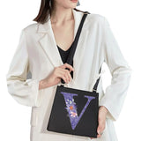Purple Flower Commuter Shoulder Bag Initial Name Letter Print Bag Square Tote