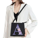 Purple Flower Commuter Shoulder Bag Initial Name Letter Print Bag Square Tote