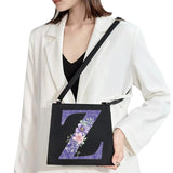 Purple Flower Commuter Shoulder Bag Initial Name Letter Print Bag Square Tote
