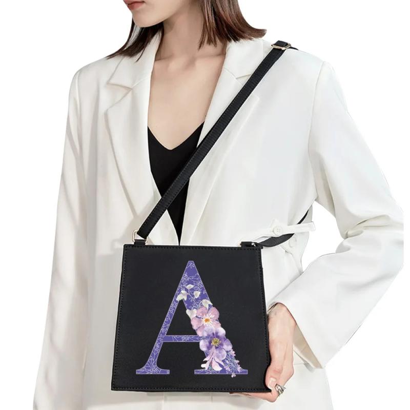 Purple Flower Commuter Shoulder Bag Initial Name Letter Print Bag Square Tote