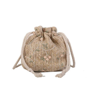 Women Drawstring Straw Beach Bags Crossbody Handbags
